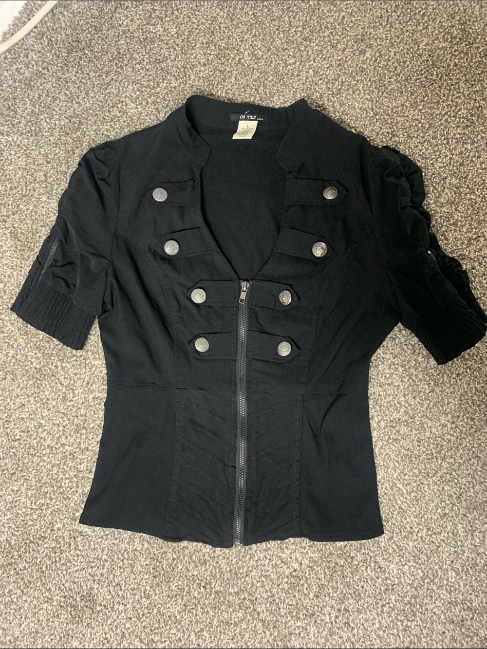 Black Military-Style Short Sleeve Zip Jacket by